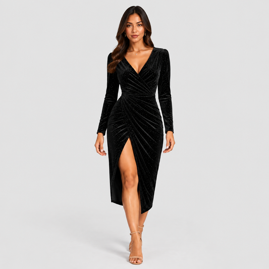 Bottle Green Sparkle Velvet Saskia Midi Dress