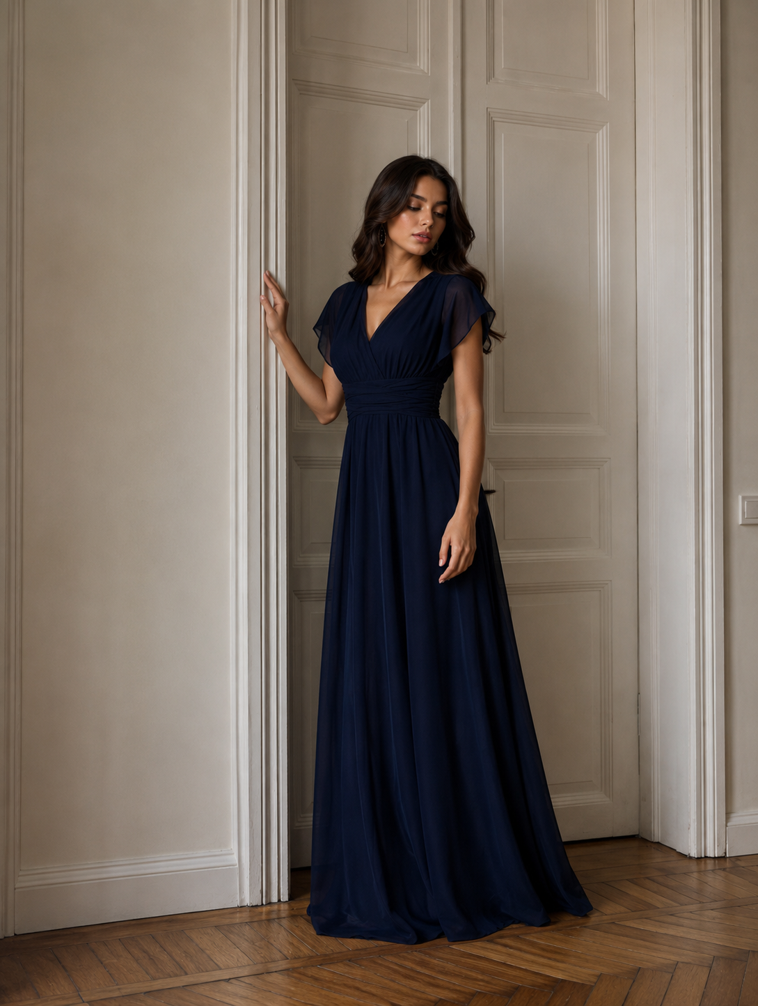 Navy Flutter Sleeve Adele Midi Dress