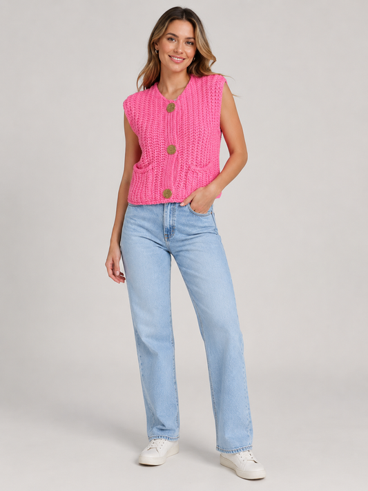 Ecru Crochet Knit Button Nancy Gilet