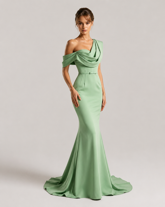 Sage One Shoulder Satin Guinevere Gown