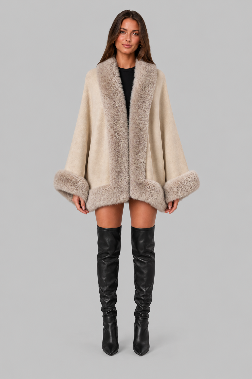 Bess Faux Fur Collar Batwing Sleeve Knit Cardigan