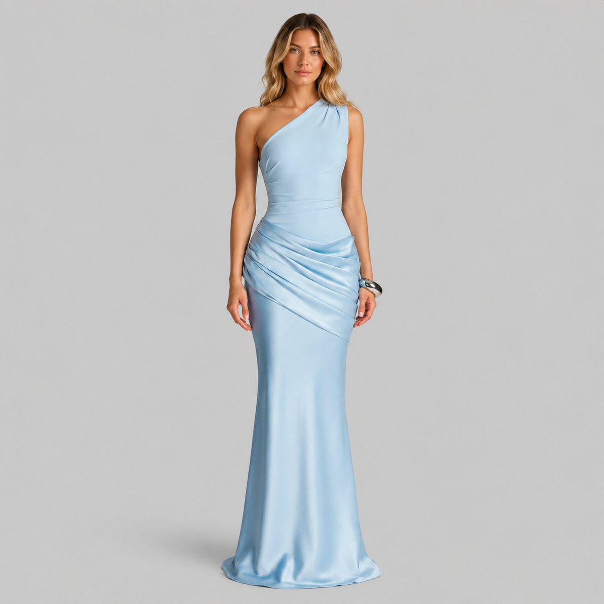 Lucia One Shoulder Ruched Satin Maxi Dress