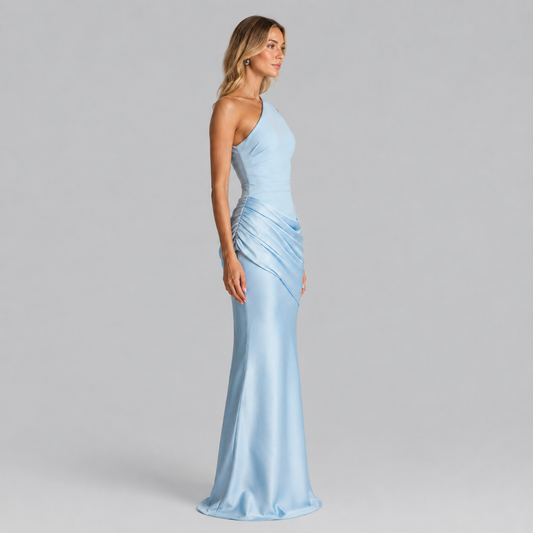 Lucia One Shoulder Ruched Satin Maxi Dress