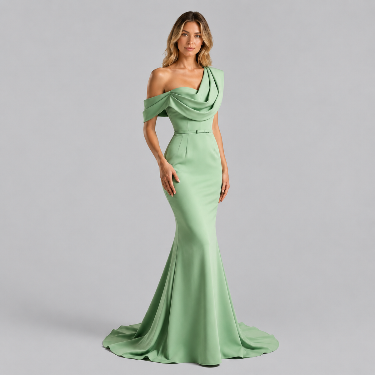 Guinevere One Shoulder Draped Satin Prom Dress in Sage Green