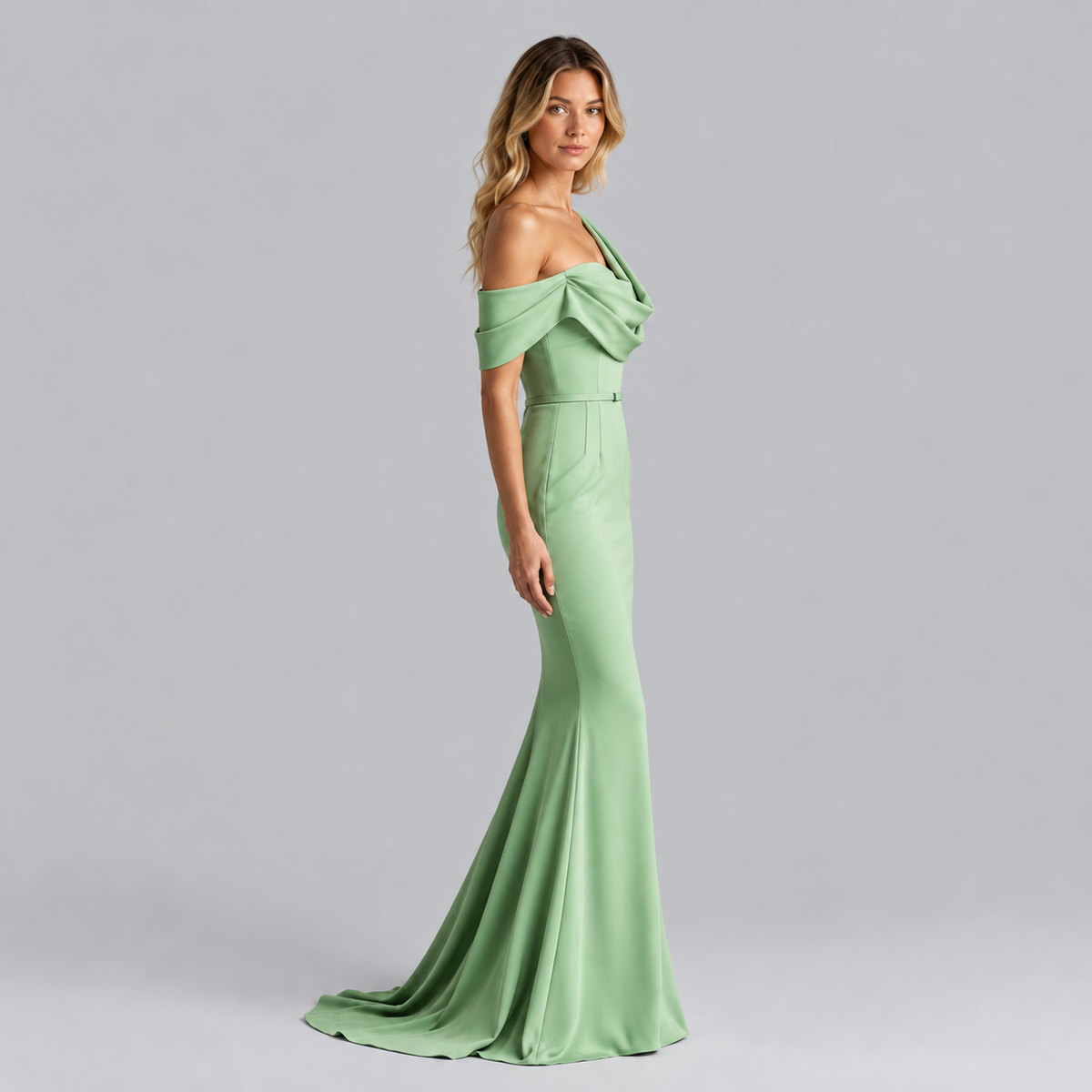 Guinevere One Shoulder Draped Satin Prom Dress in Sage Green