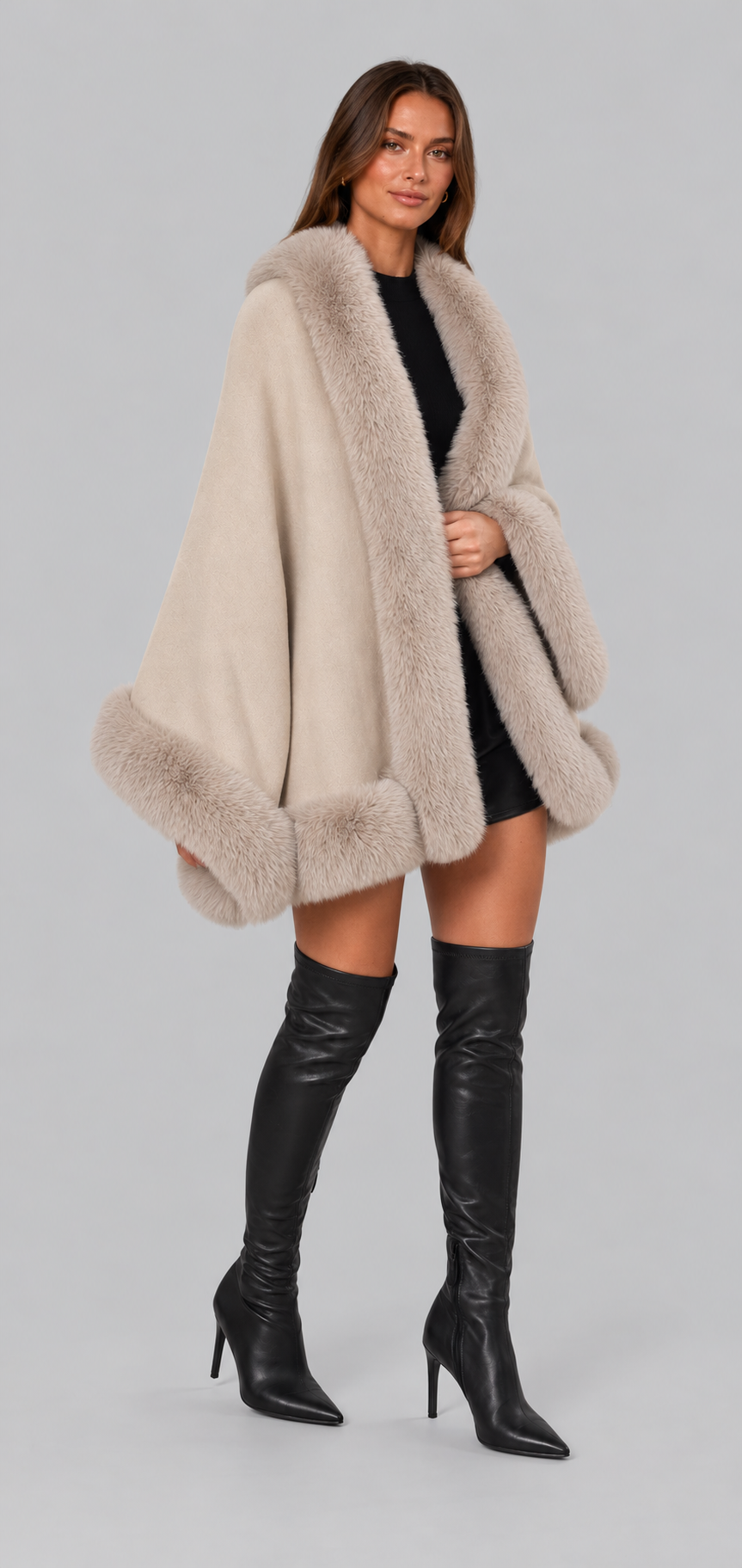 Bess Faux Fur Collar Batwing Sleeve Knit Cardigan