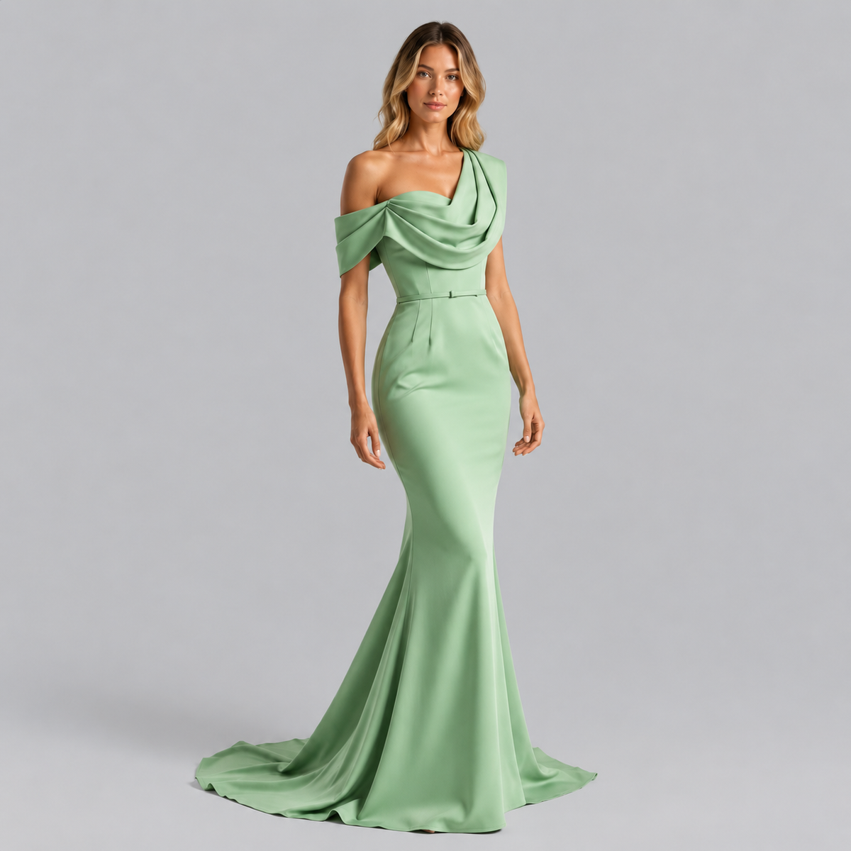 Guinevere One Shoulder Draped Satin Prom Dress in Sage Green