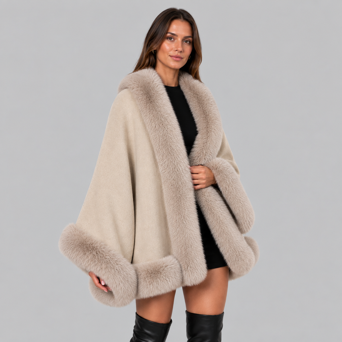 Bess Faux Fur Collar Batwing Sleeve Knit Cardigan