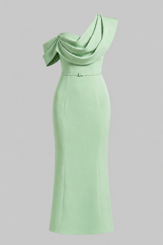 Guinevere One Shoulder Draped Satin Prom Dress in Sage Green