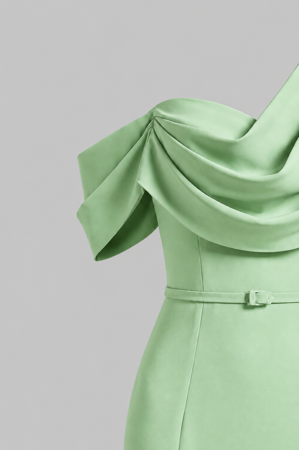 Guinevere One Shoulder Draped Satin Prom Dress in Sage Green