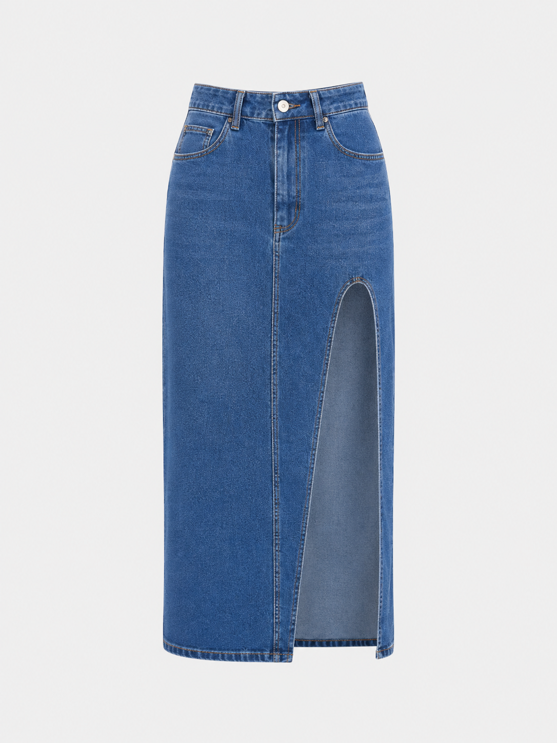 Mid Blue Asymmetric Split Robyn Denim Midi Skirt