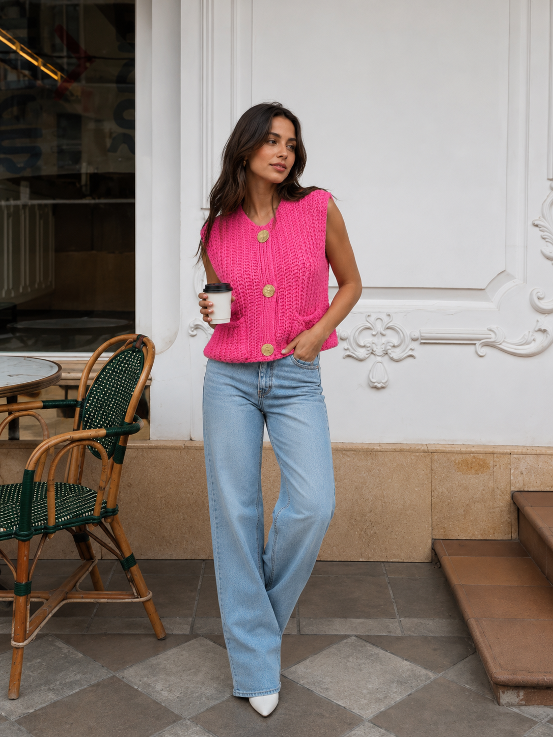 Ecru Crochet Knit Button Nancy Gilet