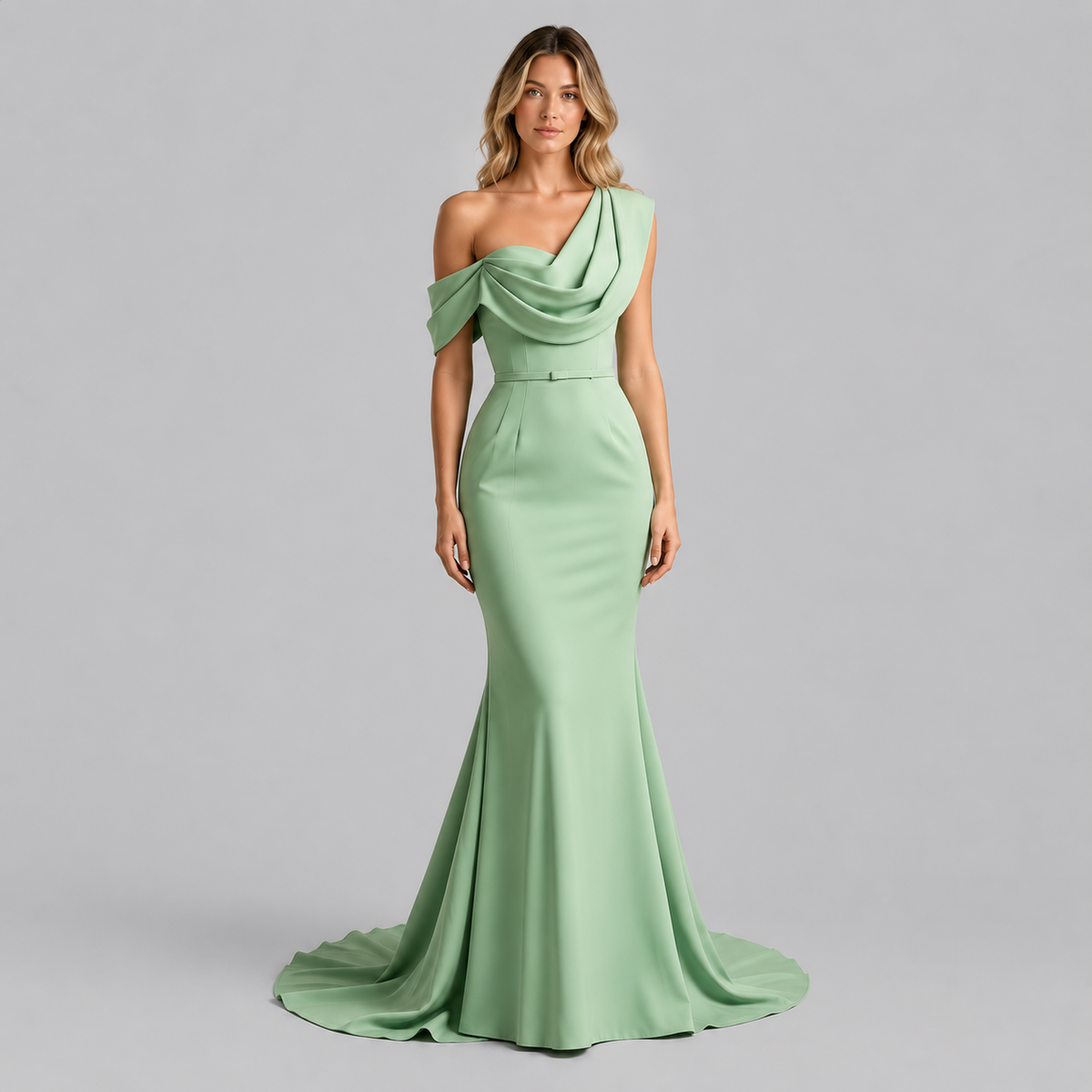 Guinevere One Shoulder Draped Satin Prom Dress in Sage Green