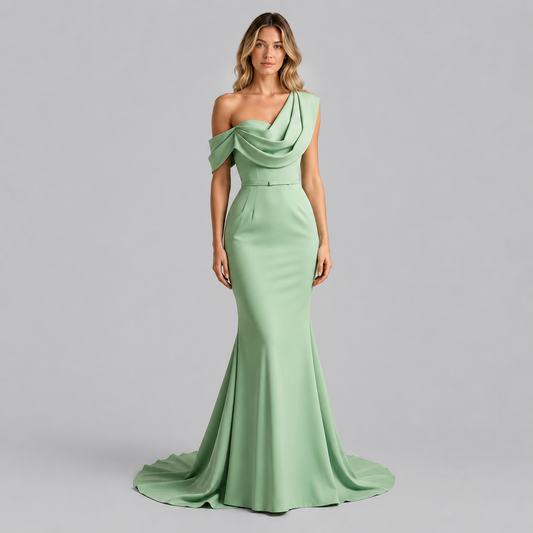 Guinevere One Shoulder Draped Satin Prom Dress in Sage Green