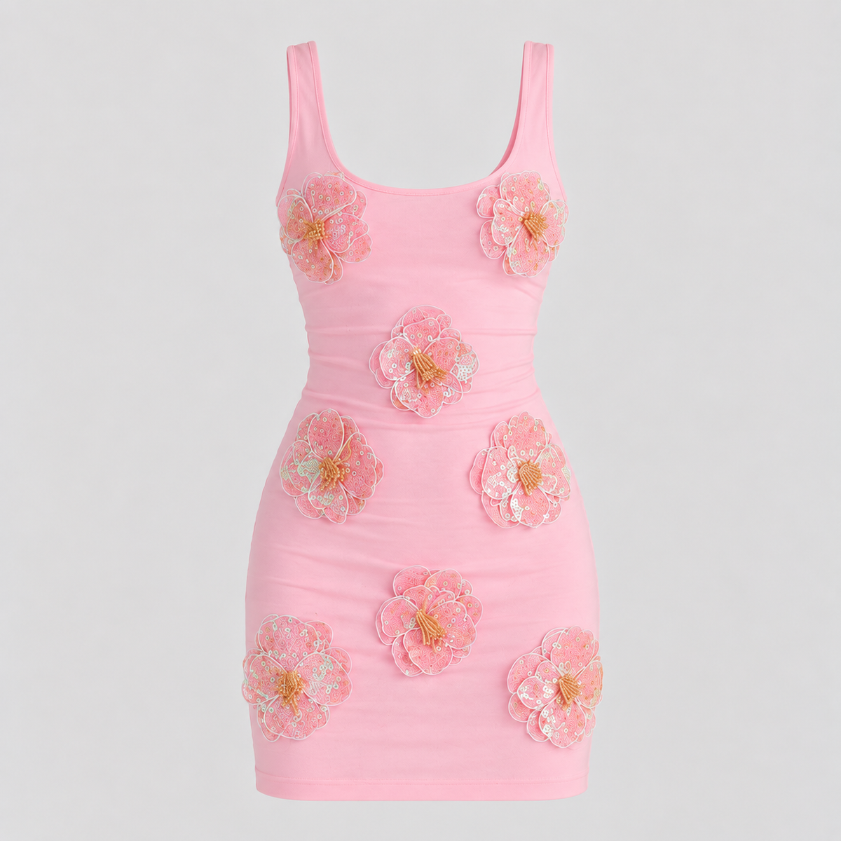 Goldie 3D Flower Sequin Tank Mini Dress in Pink