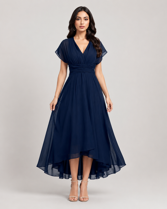 Navy Flutter Sleeve Adele Midi Dress