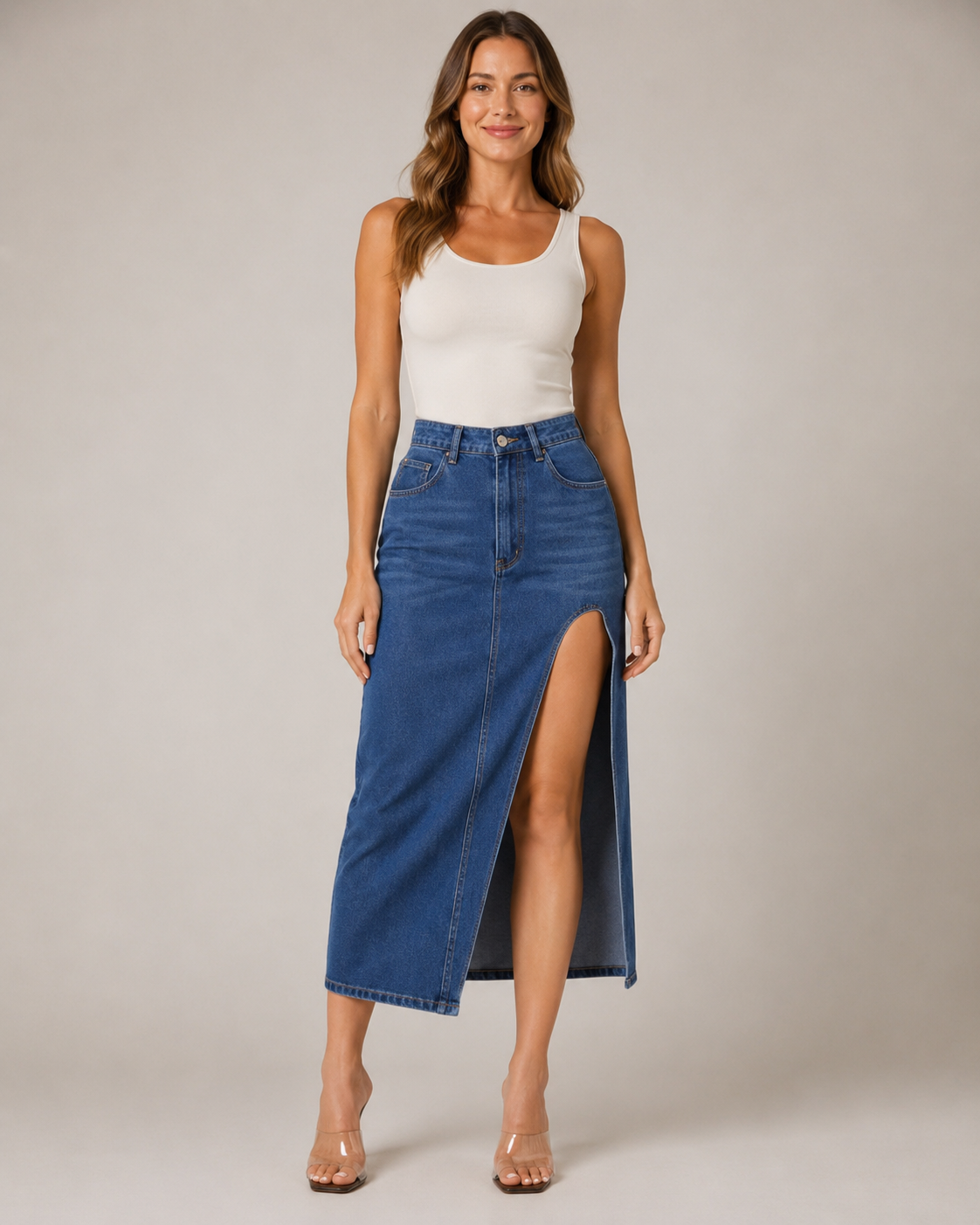 Mid Blue Asymmetric Split Robyn Denim Midi Skirt