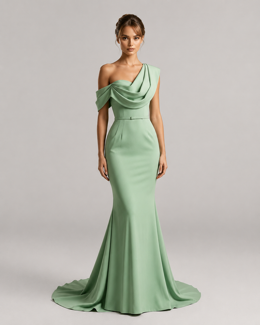 Sage One Shoulder Satin Guinevere Gown