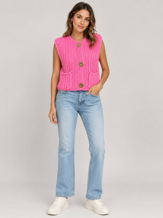 Ecru Crochet Knit Button Nancy Gilet