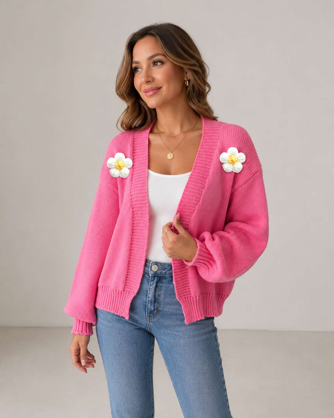 Cream Flower Knit Lantern Sleeve Heidi Cardigan