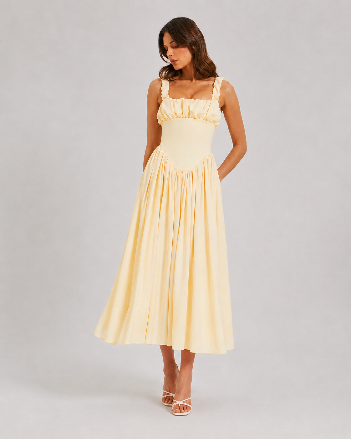 Olive Satin Square Neck Juliet Midi Dress
