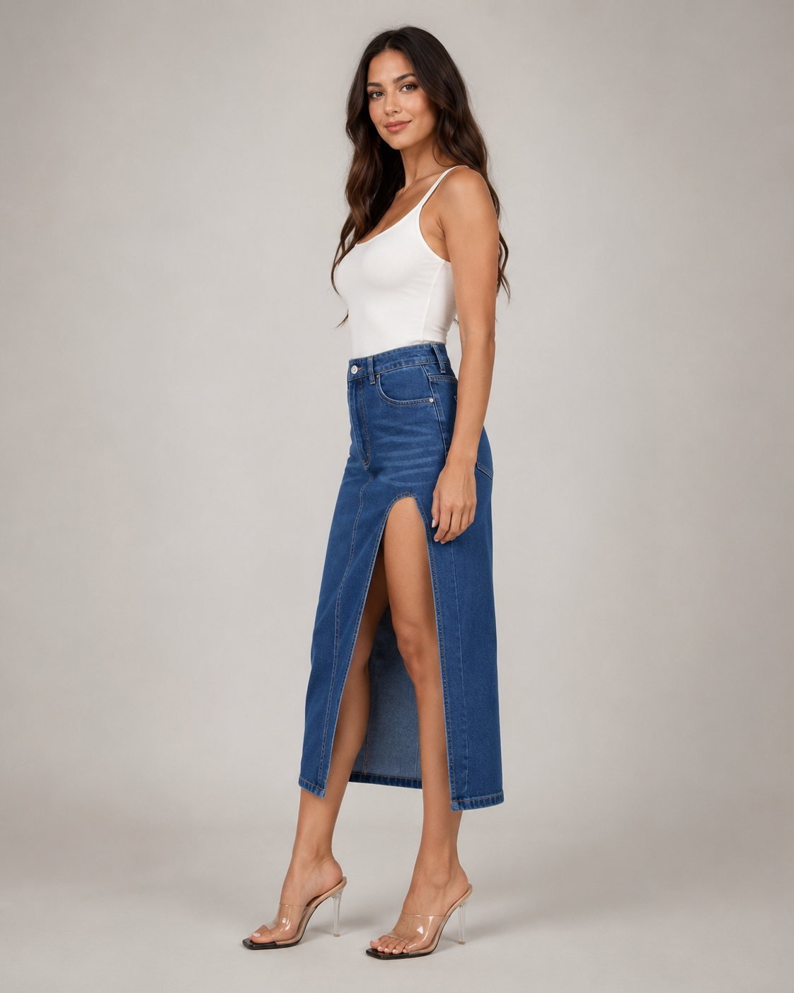 Mid Blue Asymmetric Split Robyn Denim Midi Skirt
