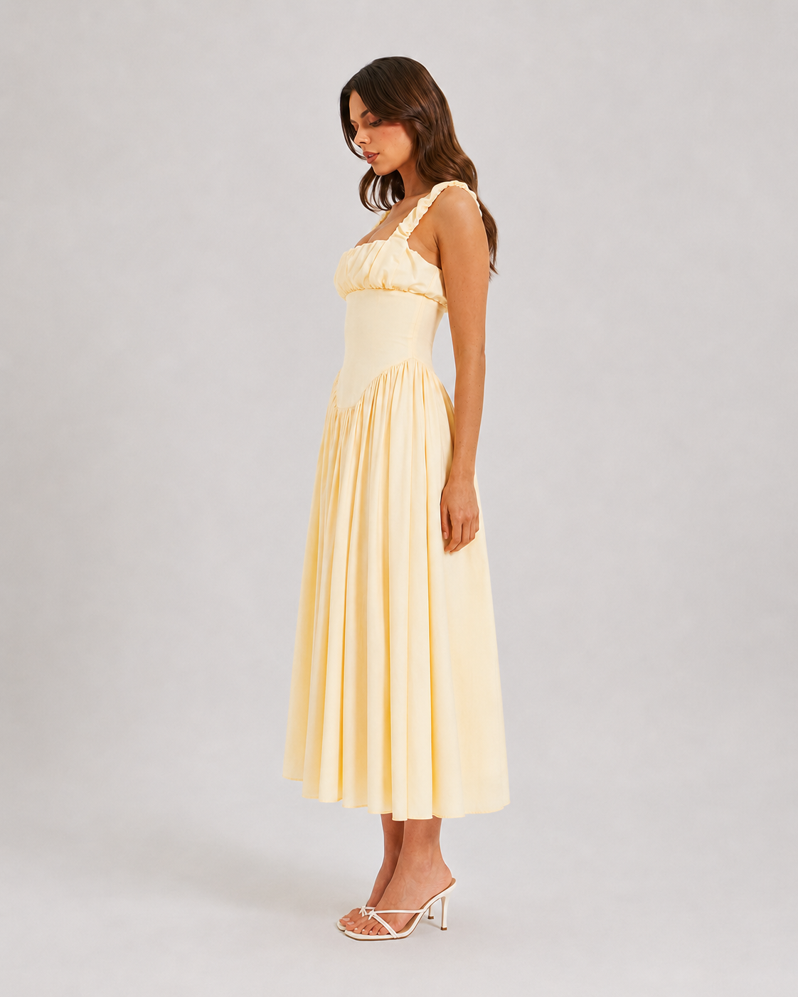 Olive Satin Square Neck Juliet Midi Dress