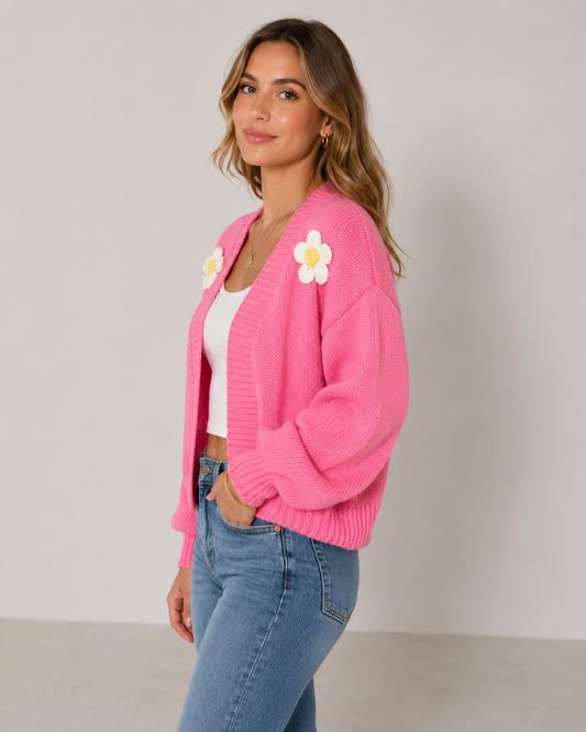 Cream Flower Knit Lantern Sleeve Heidi Cardigan