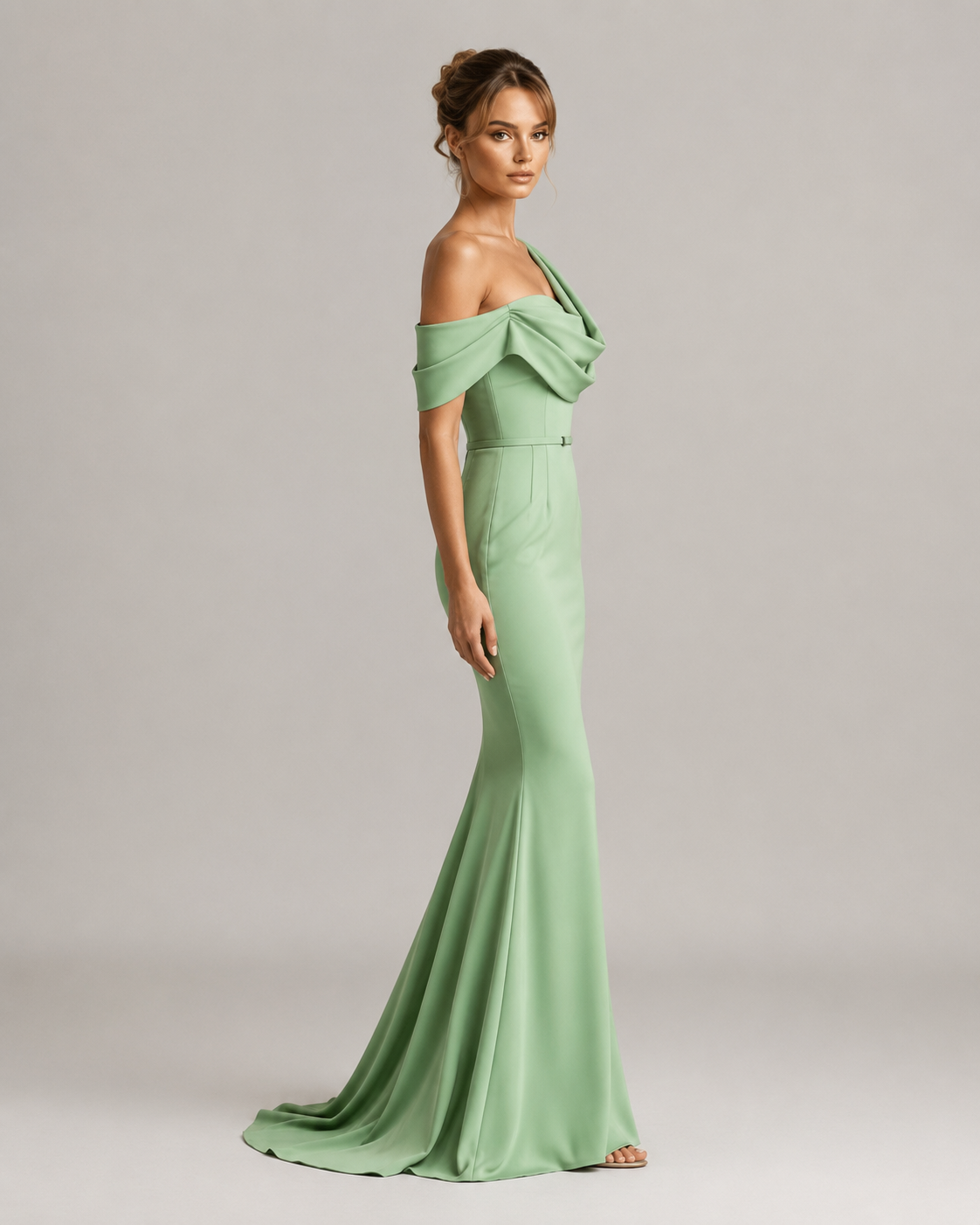Sage One Shoulder Satin Guinevere Gown