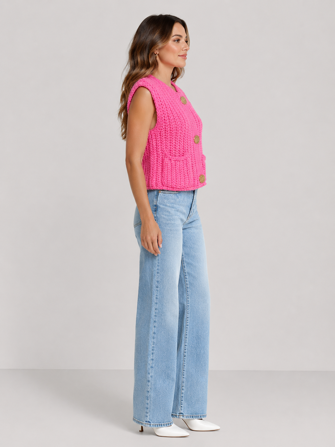 Ecru Crochet Knit Button Nancy Gilet