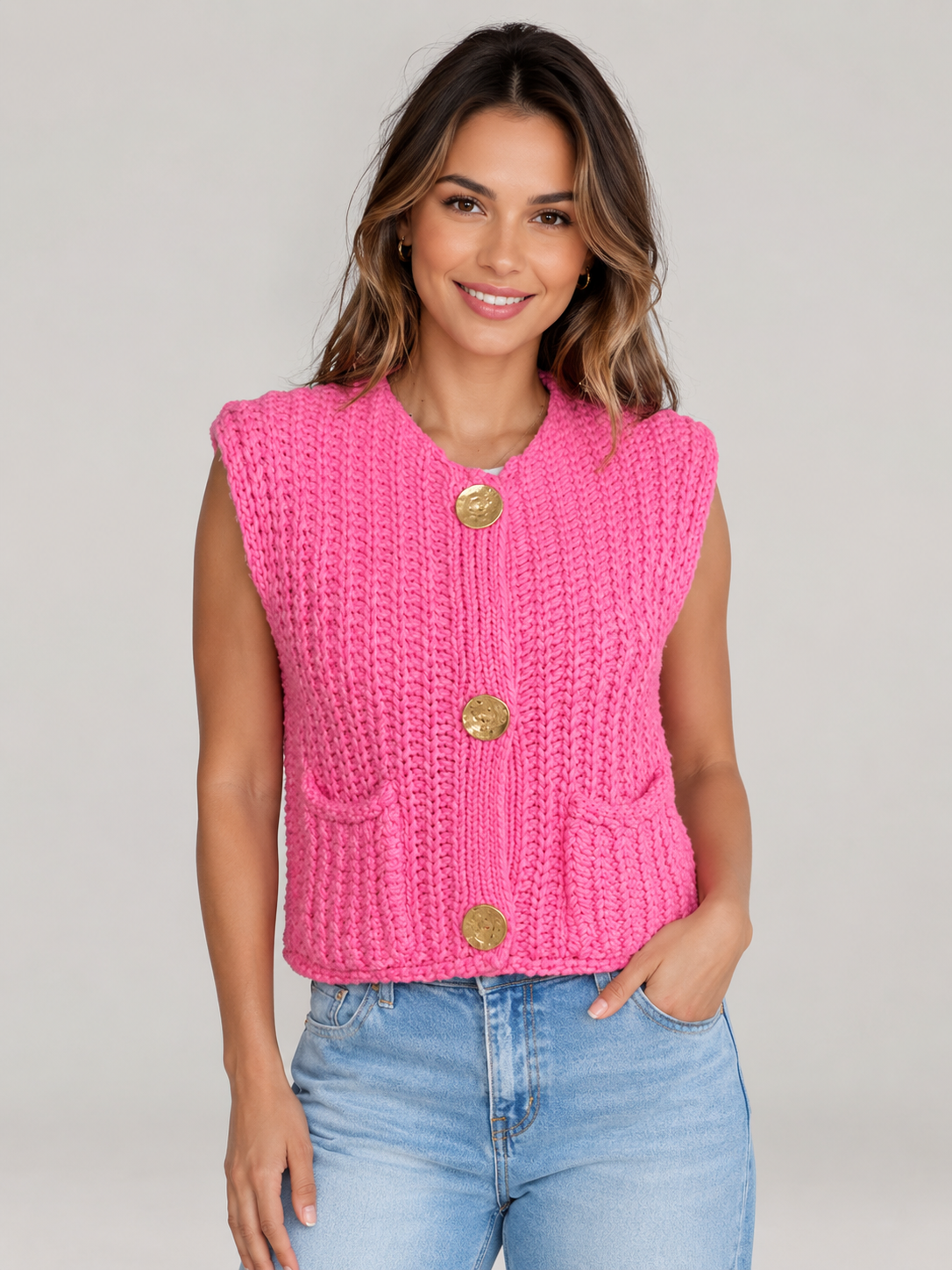 Ecru Crochet Knit Button Nancy Gilet
