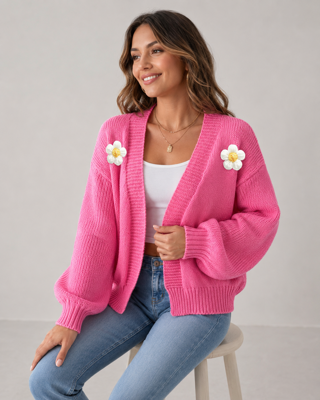 Cream Flower Knit Lantern Sleeve Heidi Cardigan