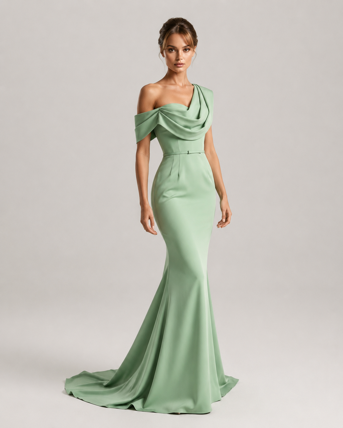 Sage One Shoulder Satin Guinevere Gown