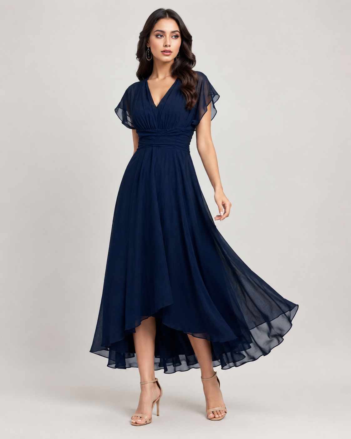 Navy Flutter Sleeve Adele Midi Dress