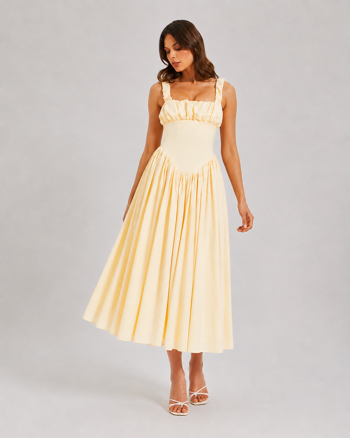 Olive Satin Square Neck Juliet Midi Dress