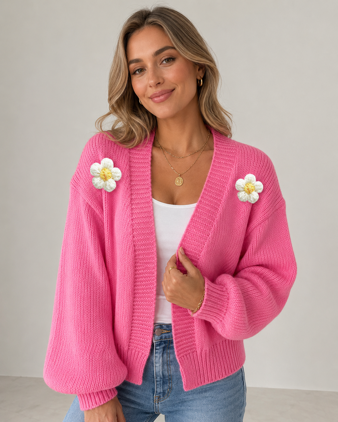 Cream Flower Knit Lantern Sleeve Heidi Cardigan