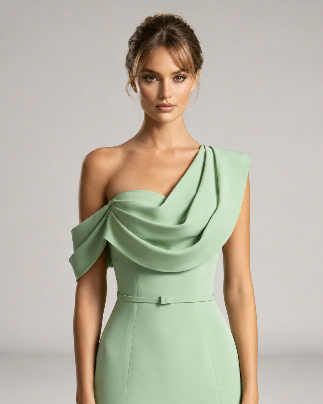 Sage One Shoulder Satin Guinevere Gown