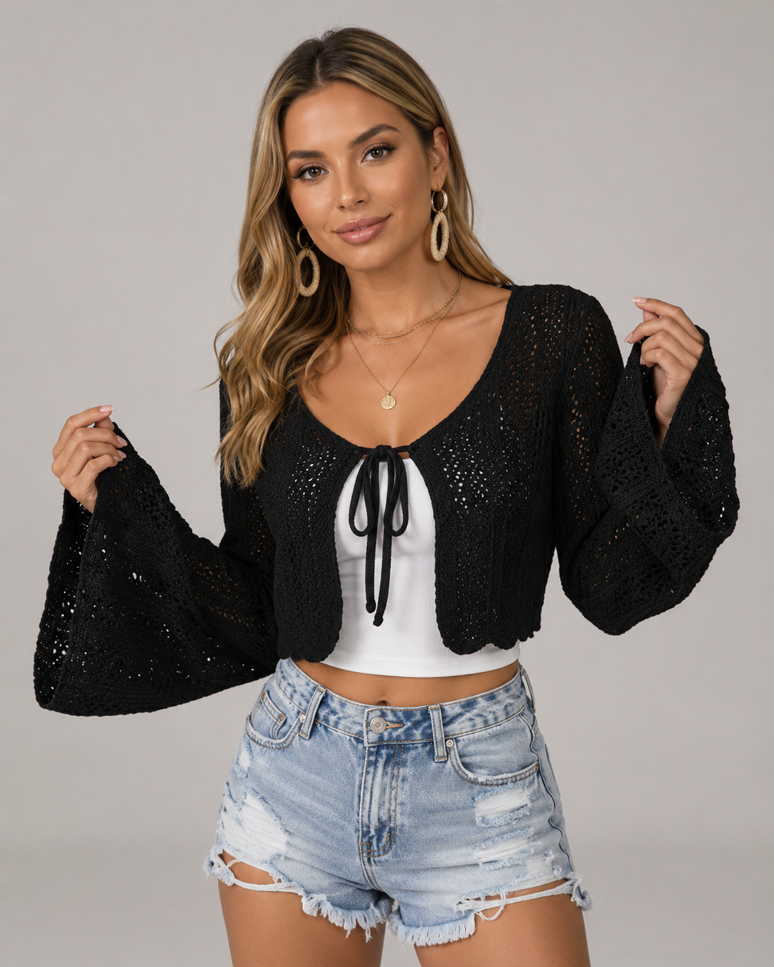 Oatmeal Lace Trim Open Knit Fern Cardigan
