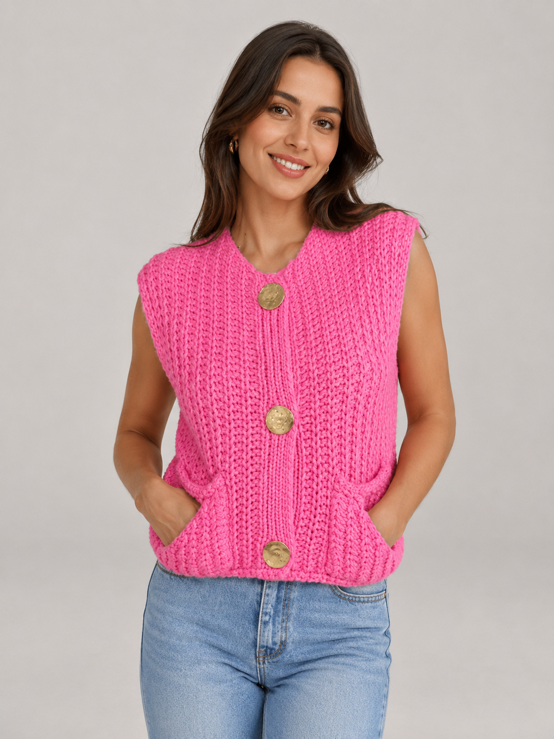 Ecru Crochet Knit Button Nancy Gilet