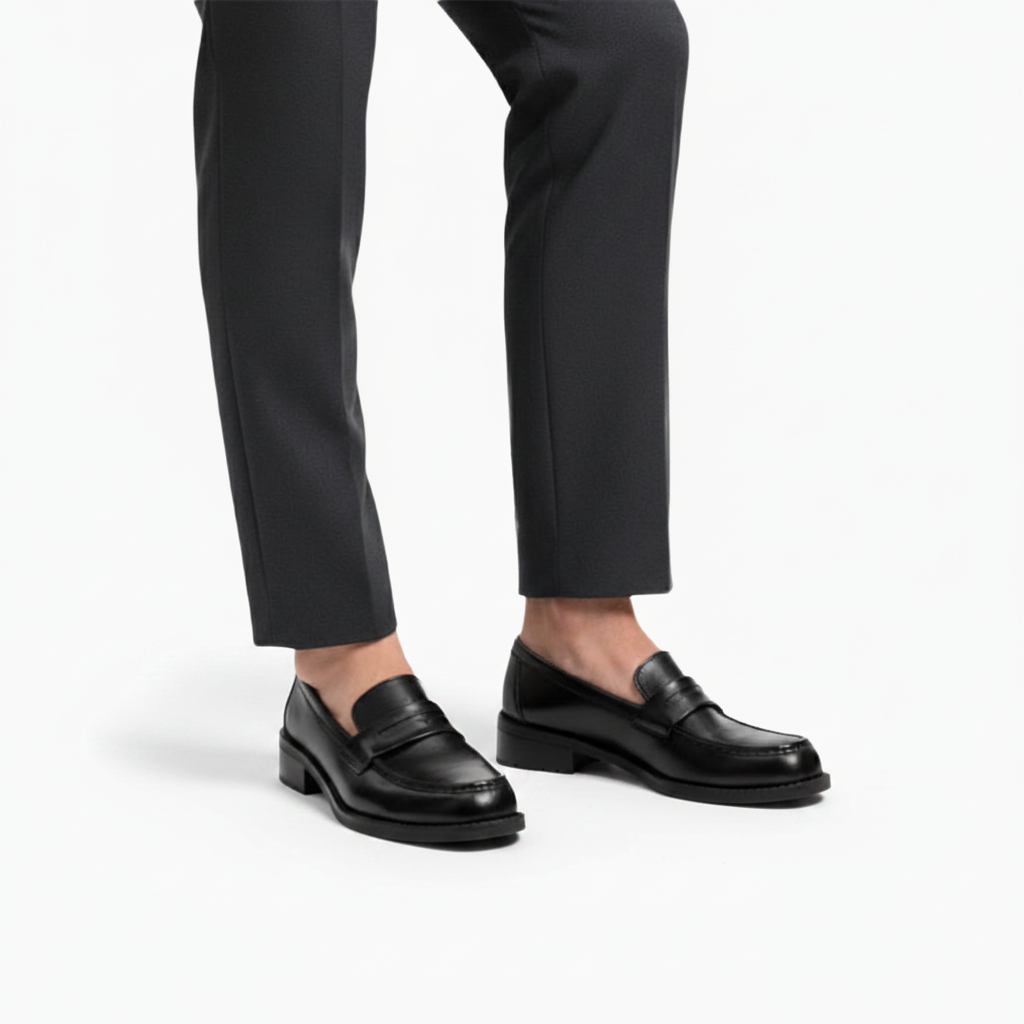 Pied de femme portant un mocassin verni noir lors d'une réunion professionnelle, chic et confortable.