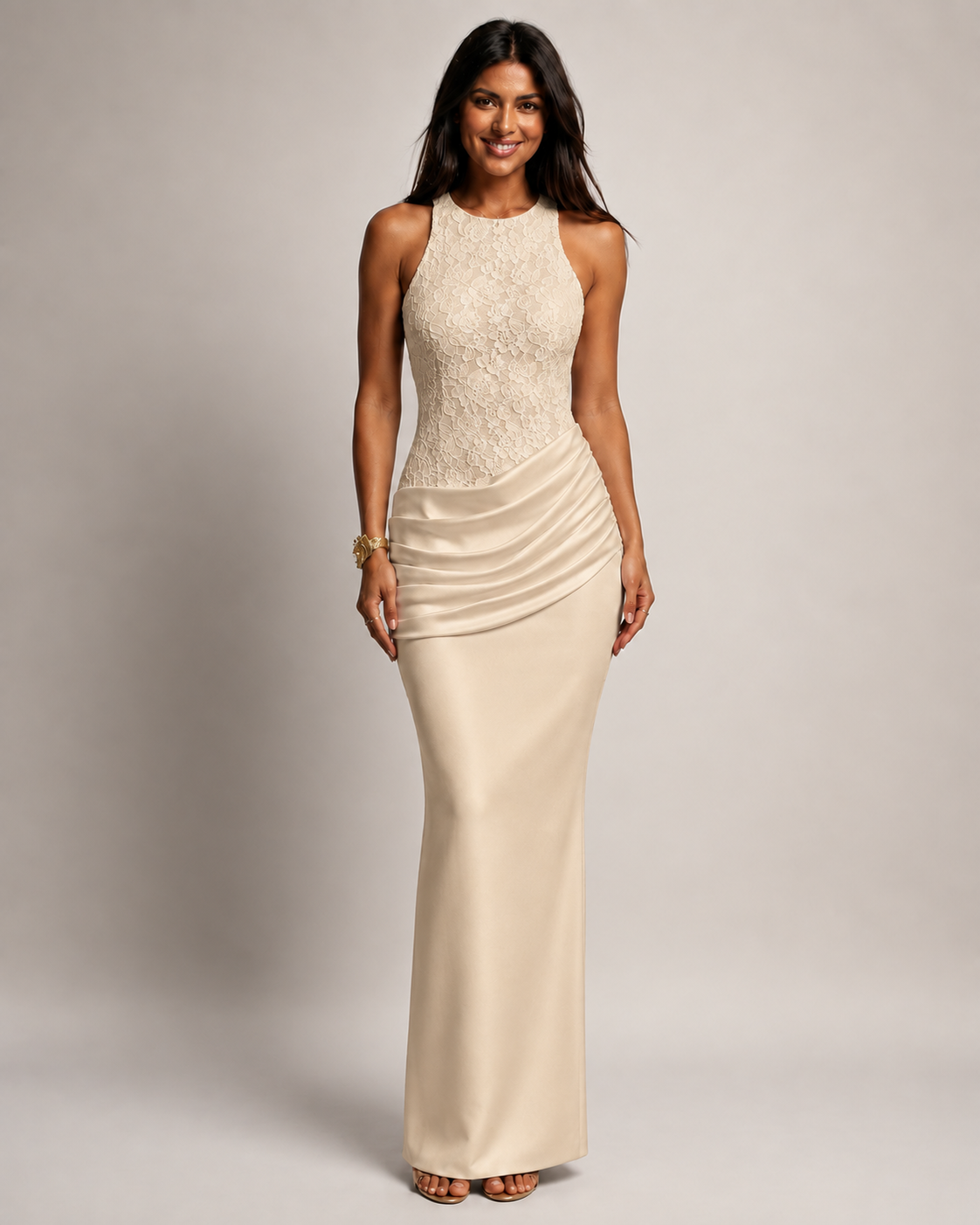Odette Halter Neck Lace Mermaid Maxi Dress in White
