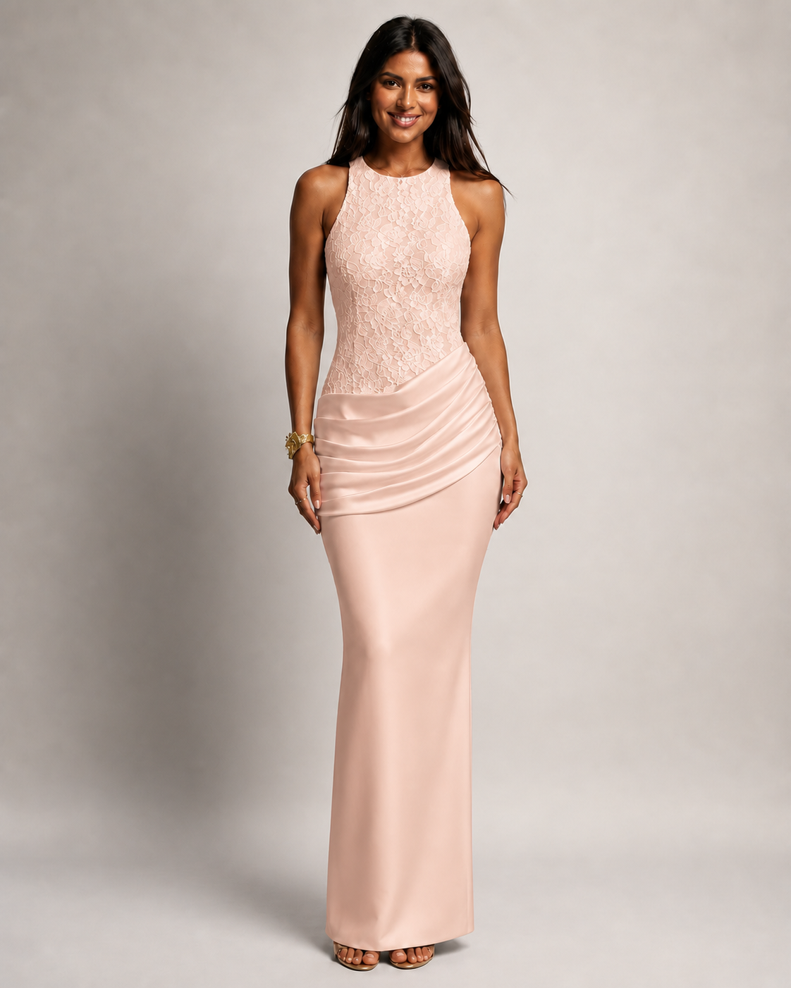 Odette Halter Neck Lace Mermaid Maxi Dress in White