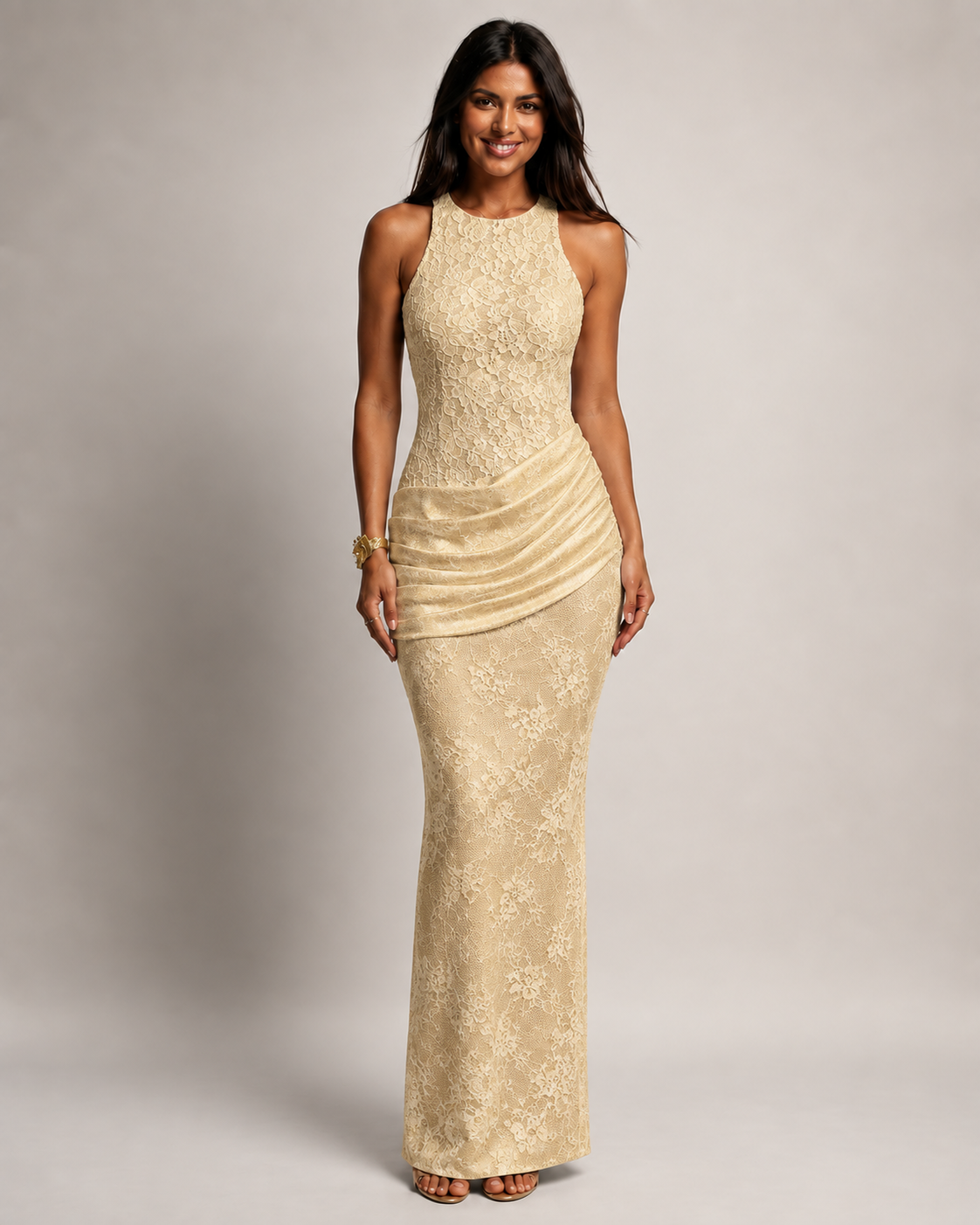 Odette Halter Neck Lace Mermaid Maxi Dress in White