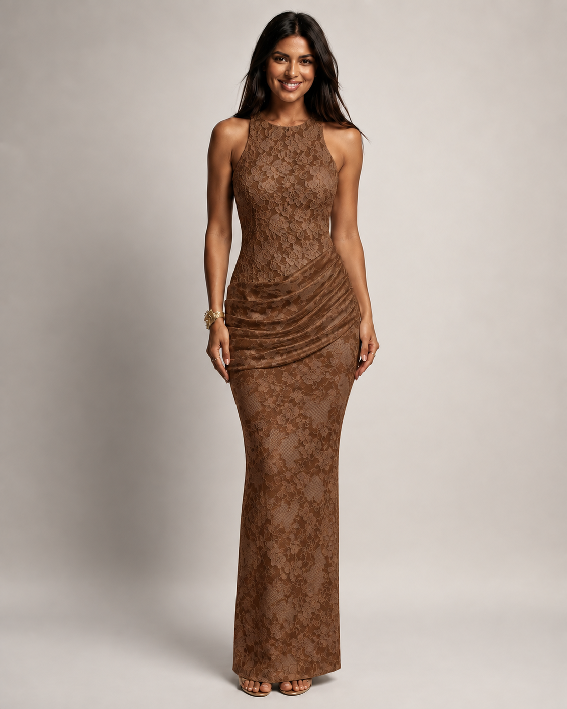 Odette Halter Neck Lace Mermaid Maxi Dress in White