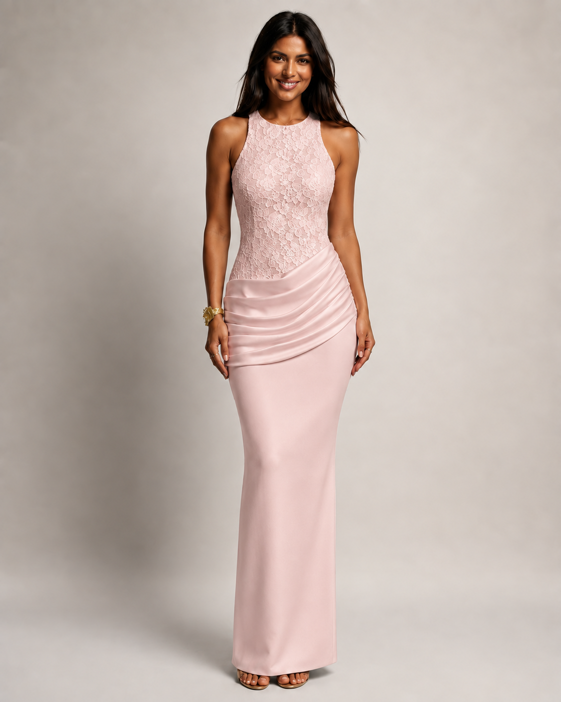 Odette Halter Neck Lace Mermaid Maxi Dress in White